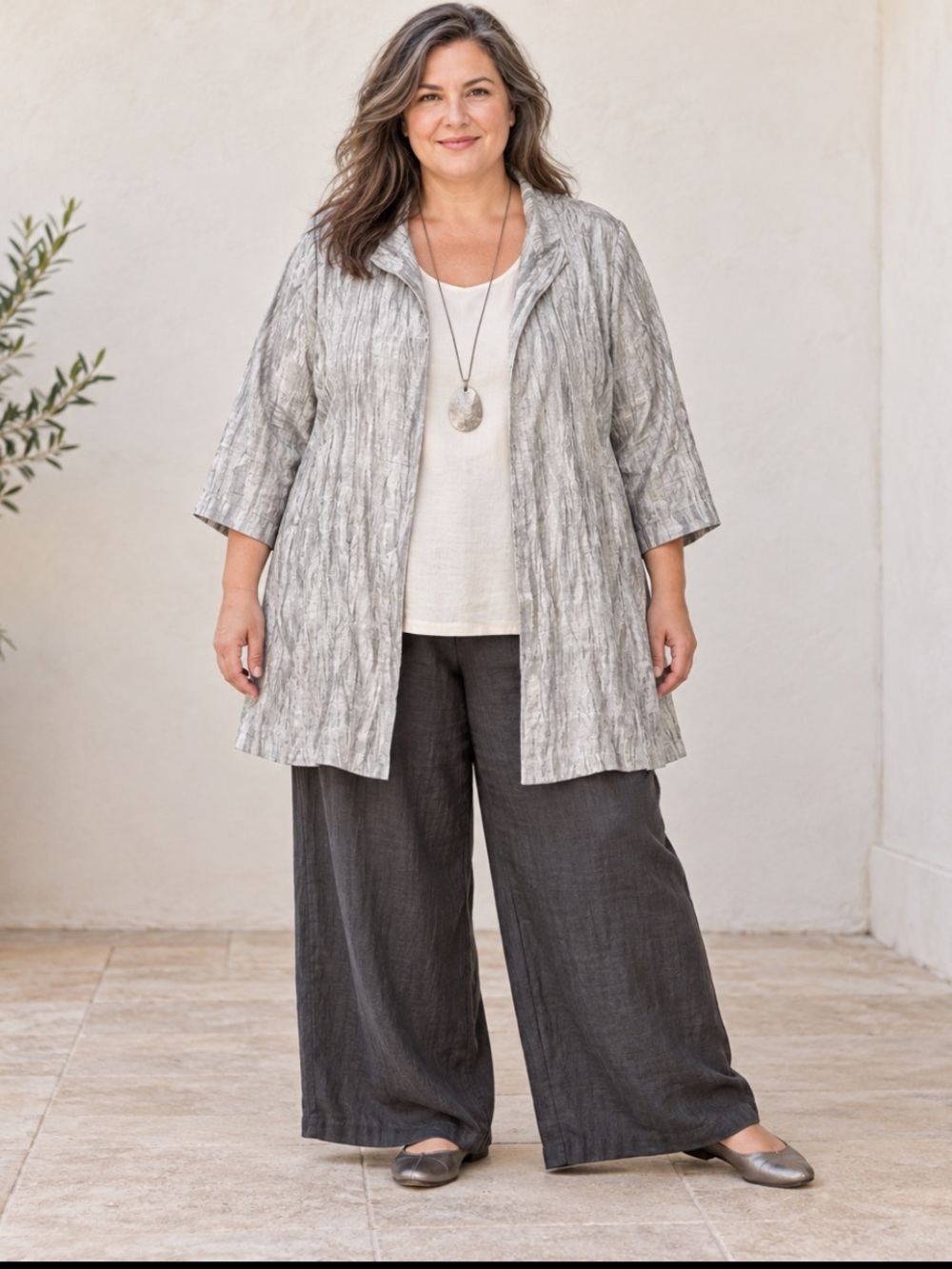 Eileen Fisher Woman Metallic Silver Linen Crinkle Duster Lagenlook Quiet Luxury